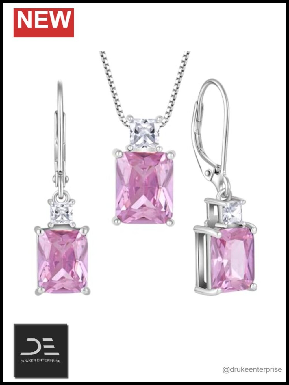 925 Sterling Silver Necklace & Earrings Set Emerald Cut Pendant Pink Tourmaline
